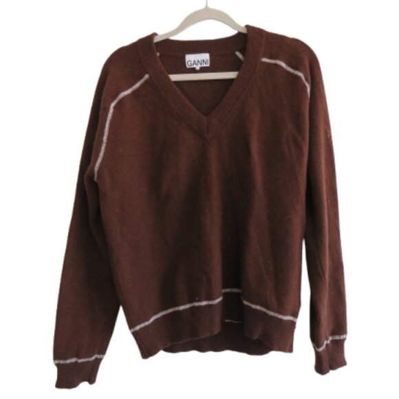 Ganni Sweaters - GANNI Wool Blend V Neck Sweater in Chocolate Brown Academia Preppy Quiet Luxury